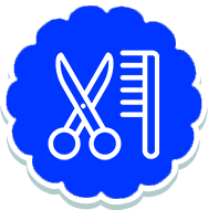 A blue circle with scissors and comb on it