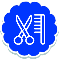 A blue circle with scissors and comb on it